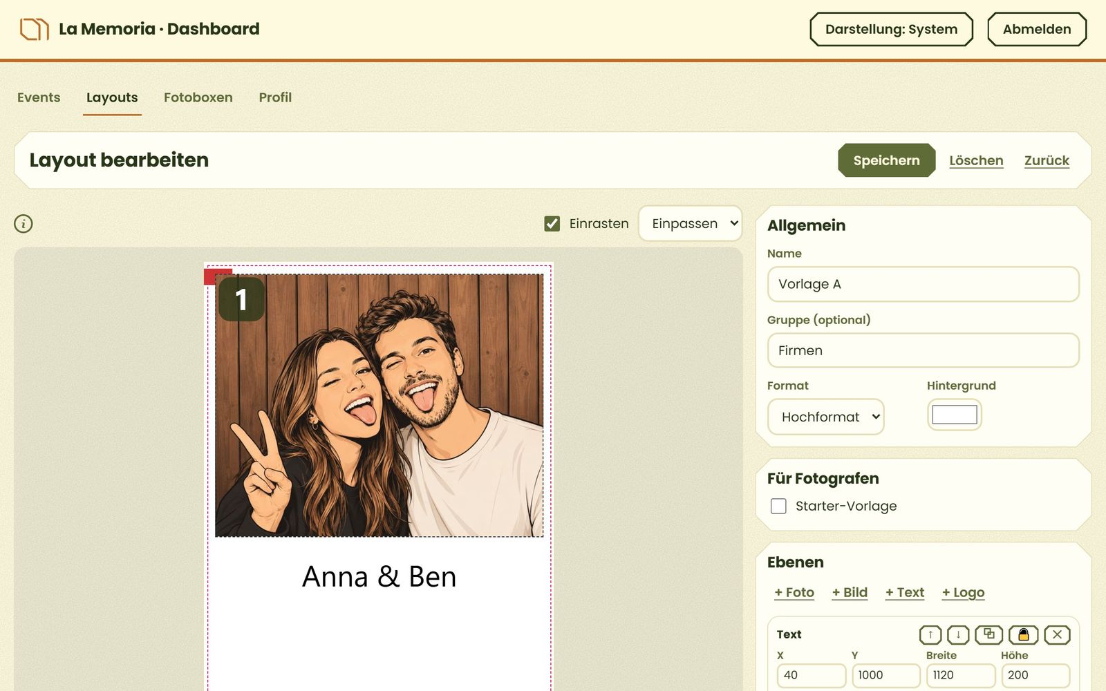 Layout-Editor mit Foto, Text und Ebenen