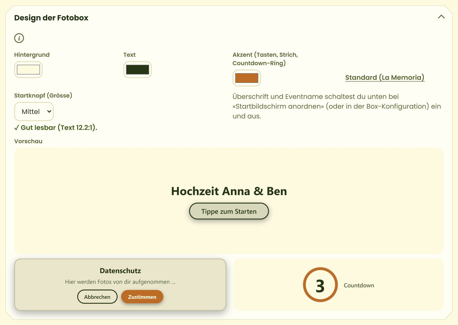 Design der Fotobox mit Vorschau von Start, Datenschutz und Countdown